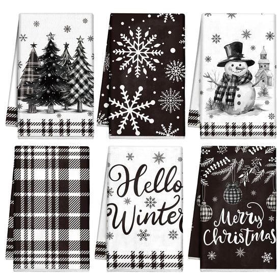 Christmas Kitchen Towel Set of 6 – Black & White Holiday Dish & Hand Towels, 16×24"