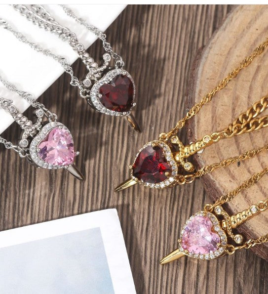Love Dagger Couple Necklace – Bold Heart & Dagger Pendant (Gold or Silver)