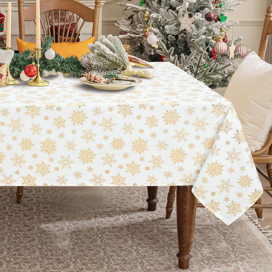 FRAMICS Christmas Table Cloth 60 x 84 Inch Waterproof White Gold Snowflake Tablecloth Rectangular Washable Xmas Table Cover Spillproof Winter Table Cloths Cover for Holiday Christmas Decorations