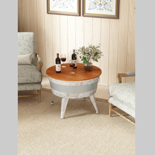 Farmhouse Rustic Distressed Metal Accent Cocktail Table, Wood Top-WHT, 1PC