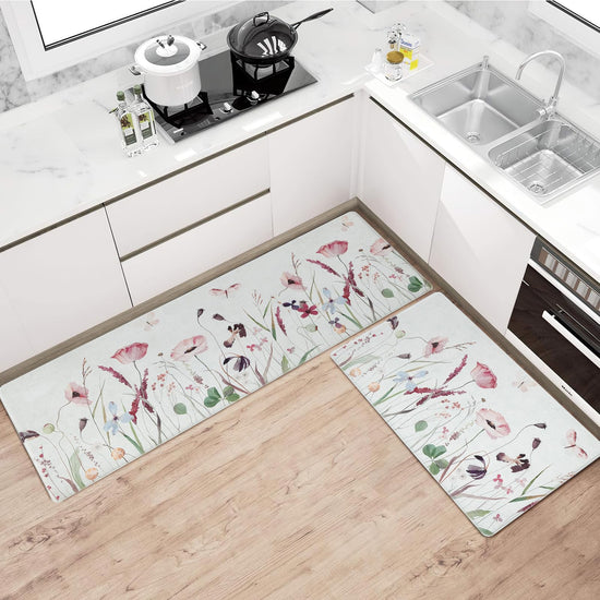 Anibedding Kitchen Rugs Anti Fatigue Waterproof Kitchen Mats Set of 2 for Comfort Stand and Home Decor Floral Pink